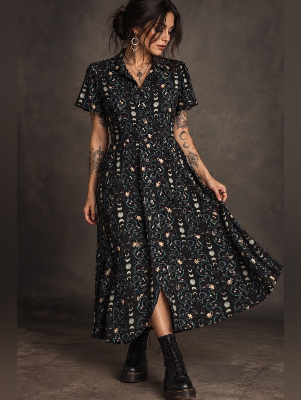 Disturbia Celestial Moon & Serpent Floral Button-Front Midi Dress Size US 16